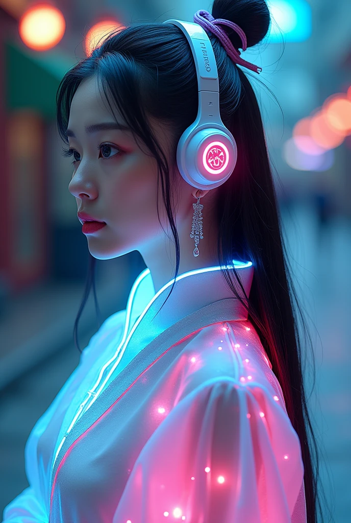 Tang suit，Chinese Hanfu，a image of a woman wearing colorful robot tech, in the style of free-flowing surrealism, shiny/glossy, precise and lifelike, hard surface modeling, precisionist lines, light silver and azure, engineering/construction and design，Luminous headphones, Luminous hair accessories, long hair, Luminous earrings, glow necklace, cyberpunk,transparent clothes