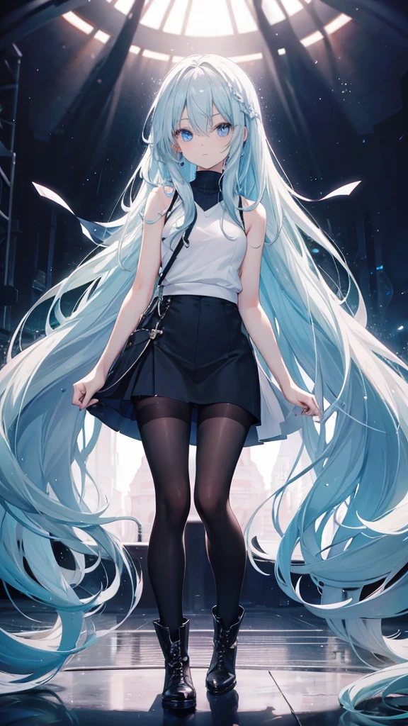 long hair，thin，，Clarity，high-definition，big eyes，Blue Eyes，Facing the audience，beauty，Extremely high image quality，超Clarity的画面，modern style，Boots that reach the thigh，Sleeveless sweater，