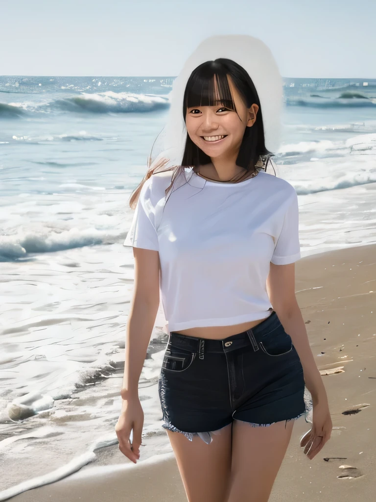 masterpiece,Highest quality(8k),Highest quality,masterpiece:1.2)、(Real、Photorealistic:1.37),Super detailed,A woman looking at the camera on the beach at Enoshima,Wearing a white T-shirt,Long black denim shorts,barefoot,barefoot,Posing for a photo,Distant scenery is blurry