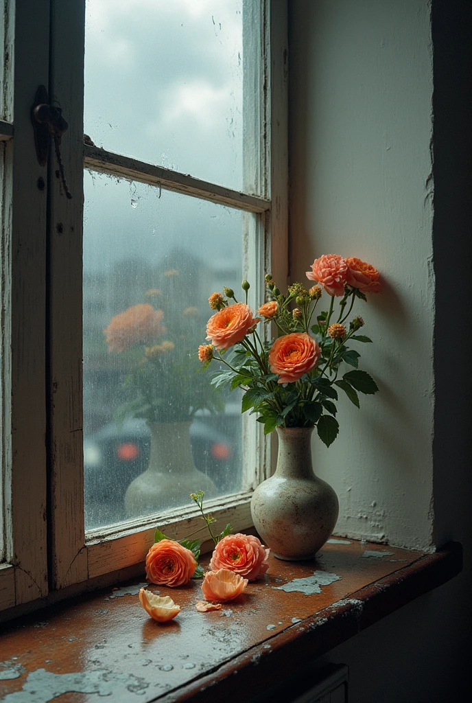(Photorealism:1.2), the same vase broken, flowers are lying on the windowsill, water spilled, there's a storm outside, straight view