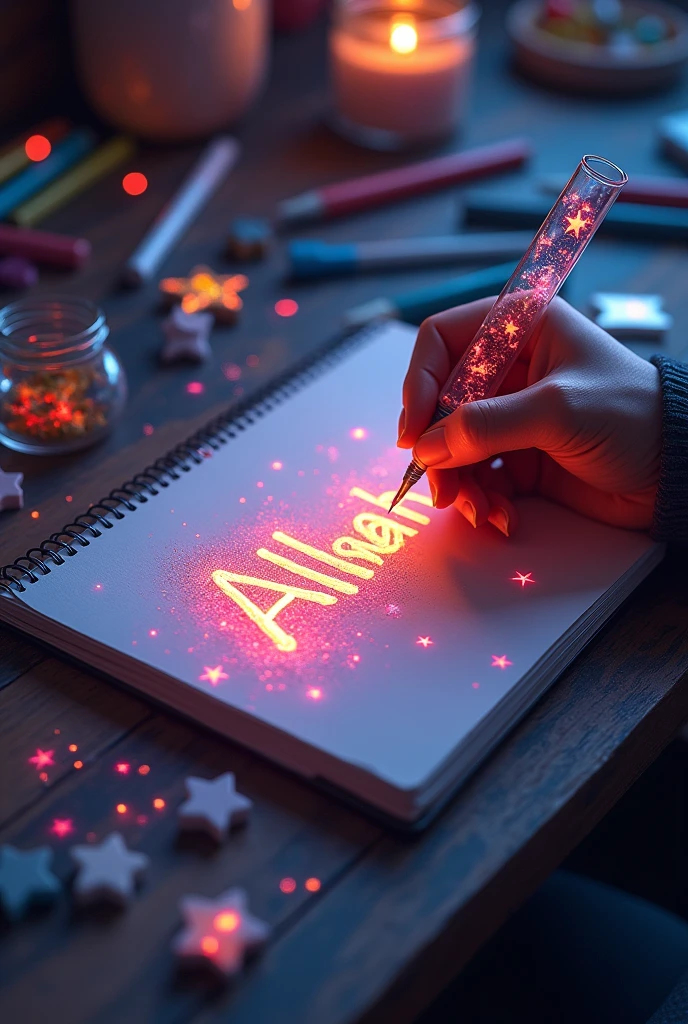 A mesmerizing, hyper-realistic 16K 3D illustration captures a magical moment of pure creativity. A talented artist is masterfully sketching a heartfelt message, "Allah ", in a notebook. The text is composed of vibrant, color sepia stars that smoothly transition through the entire spectrum. The artist's hand, holding a transparent pen filled with radiant stars, is detailed exquisitely, symbolizing boundless creativity and imagination. The background is a three-dimensional sketchbook setting with scattered throughout, adding depth and dimension to this captivating, graffiti-inspired scene. The illustration radiates energy, movement, and vibrant colors, making it a true work of art that celebrates creativity and imagination., gra, cinematic, vibrant, graffiti, painting, typography, product, illustration, photo, 3d render, fashion, dark fantasy