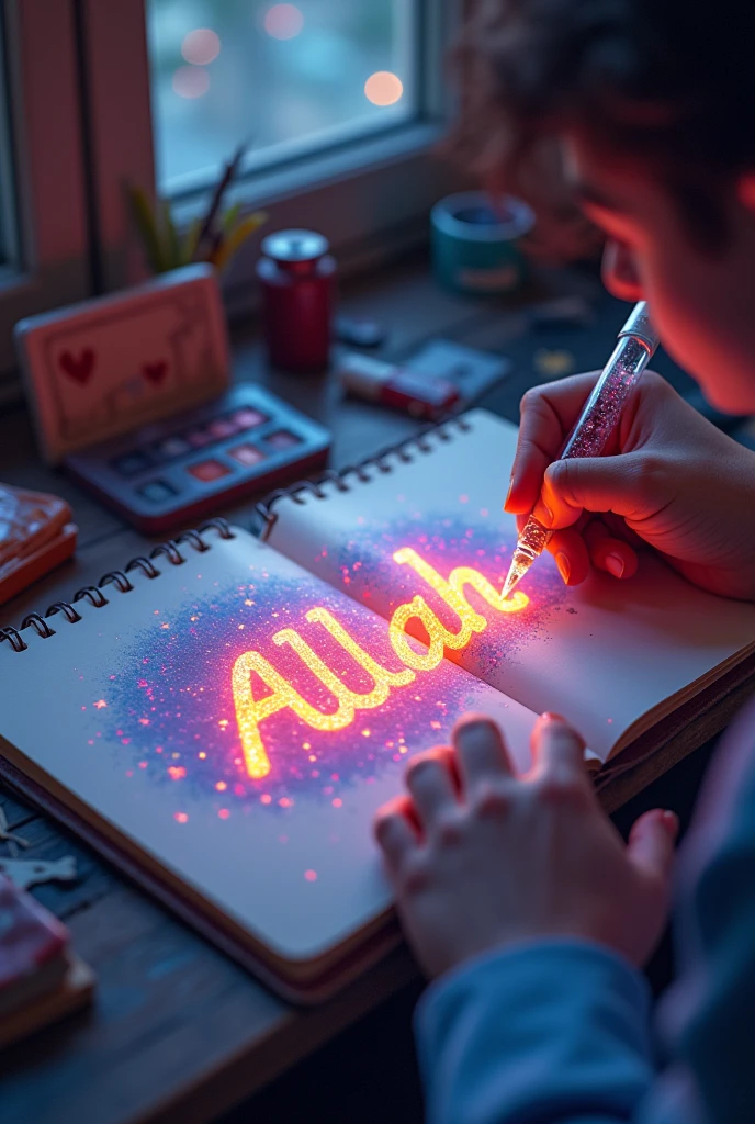 A mesmerizing, hyper-realistic 16K 3D illustration captures a magical moment of pure creativity. A talented artist is masterfully sketching a heartfelt message, "Allah ", in a notebook. The text is composed of vibrant, color sepia stars that smoothly transition through the entire spectrum. The artist's hand, holding a transparent pen filled with radiant stars, is detailed exquisitely, symbolizing boundless creativity and imagination. The background is a three-dimensional sketchbook setting with scattered throughout, adding depth and dimension to this captivating, graffiti-inspired scene. The illustration radiates energy, movement, and vibrant colors, making it a true work of art that celebrates creativity and imagination., gra, cinematic, vibrant, graffiti, painting, typography, product, illustration, photo, 3d render, fashion, dark fantasy