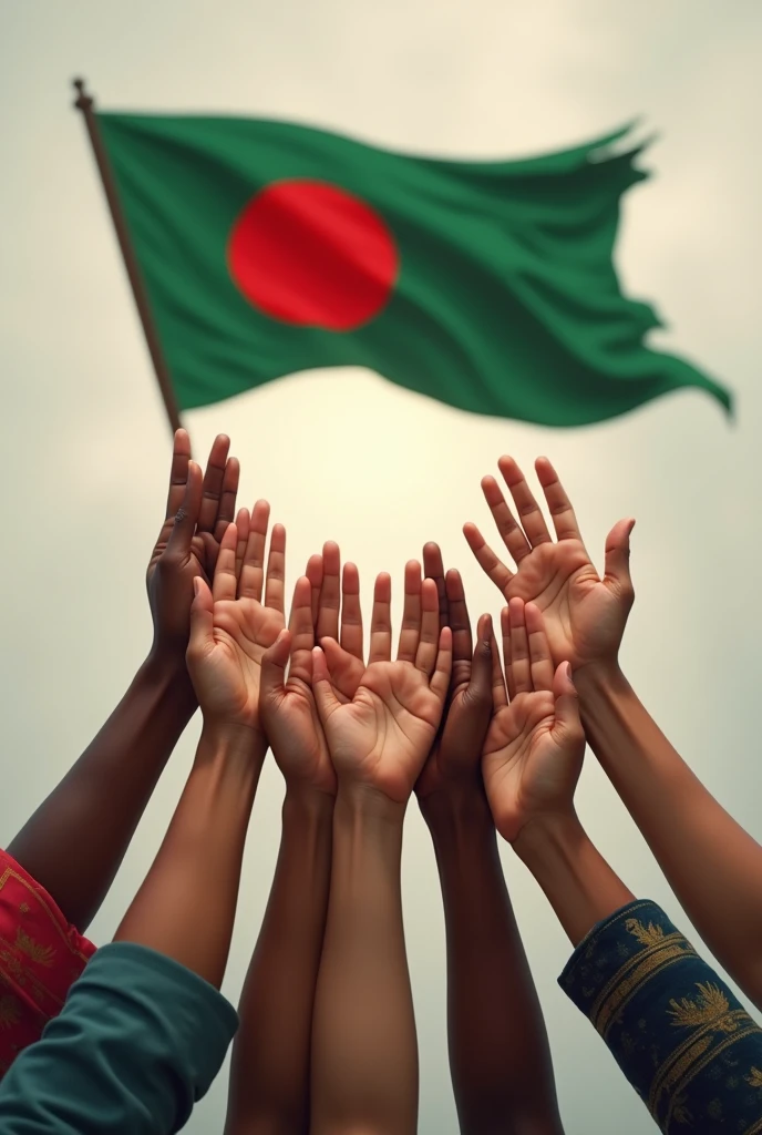 A picture where hands of every religious person in Bangladesh holding Bangladesh Flag