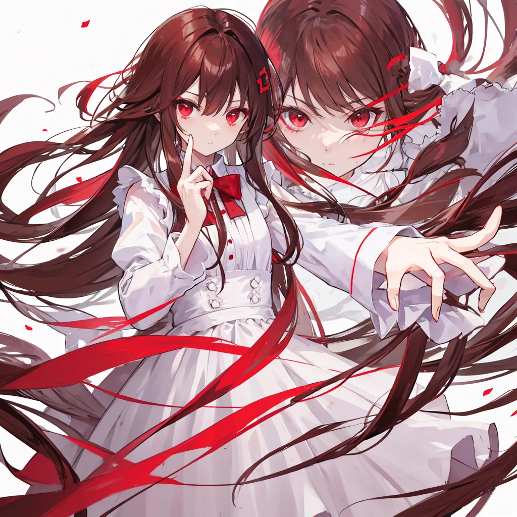 Maid clothes,Red eyes,Long Hair,Brown Hair,girl,He is making a peace sign with his left hand and looking at me.,Smooth hair,