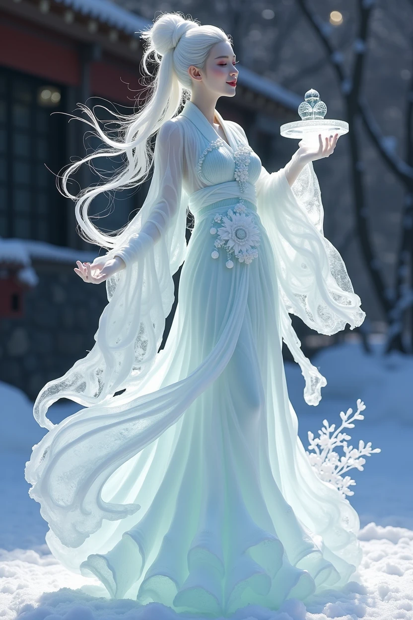 (ice - carving:1.4),Movie Angle,(Fan Bingbing,  ice sculpture girl,Anatomically correct,full bodyesbian,Masterpiece ice sculpture camellia,Representative work Hanfu,Smile,sexy,full body arts,traditional arts,erotic arts,Queen arts,Amazing body arts,Amazing hear style,traditional japanese girls,japanese geisha, japanese artworks,Pari, jewelry arts,full body arts style)