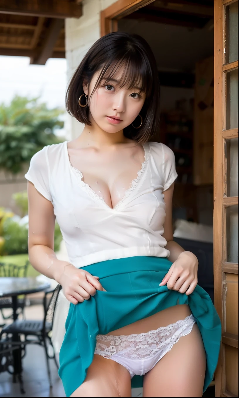 (looking at the camera),(bent over:1,bent over:1),((The skin is wet from sweat)),Cleavage,Inside the house,entrance,Wearing a shirt,Looking down,Troubled face、Skirt Lift、Lift up your miniskirt with your hands,woman, 20-year-old, Short Hair、bangs、(Plain Mini Skirt),(White lace panties)、Cute earrings