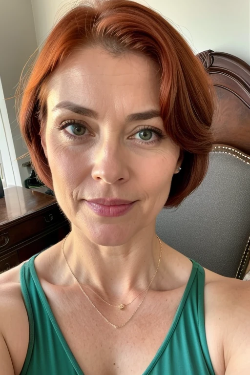 beautiful woman of 45 years old, looking directly at the camera, very realistic, instagram selfie, closeup face, , film grain, fit muscular body, big breasts, focus on face, clothes too tight, disappointed in viewer　Green Eyes,	Redhead、Short bob floral dress、Pearl necklace Antique furniture room Feminine retro、vintage	