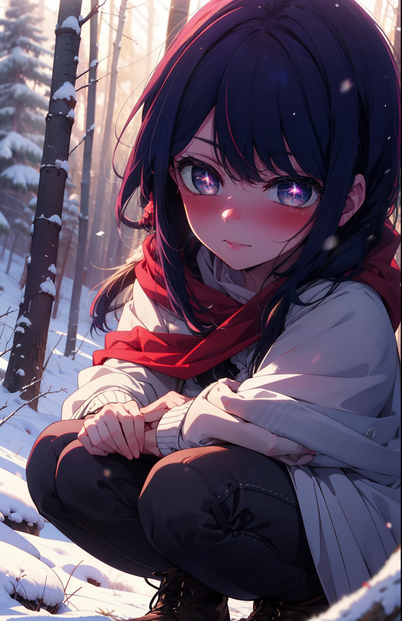 aihoshino, Ai Hoshino, Long Hair, bangs, (Purple eyes:1.1), Purple Hair, (Symbol-shaped pupil:1.5), smile,,smile,blush,white breath,
Open your mouth,snow,Ground bonfire, Outdoor, boots, snowing, From the side, wood, suitcase, Cape, Blurred, , forest, White handbag, nature,  Squat, Mouth closed, Cape, winter, Written boundary depth, Black shoes, red Cape break looking at viewer, Upper Body, whole body, break Outdoor, forest, nature, break (masterpiece:1.2), Highest quality, High resolution, unity 8k wallpaper, (shape:0.8), (Beautiful and beautiful eyes:1.6), Highly detailed face, Perfect lighting, Highly detailed CG, (Perfect hands, Perfect Anatomy),