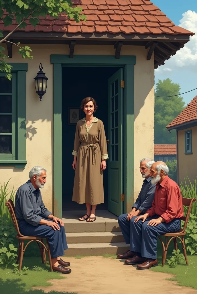 One women stand her house door and three old man sitting outside