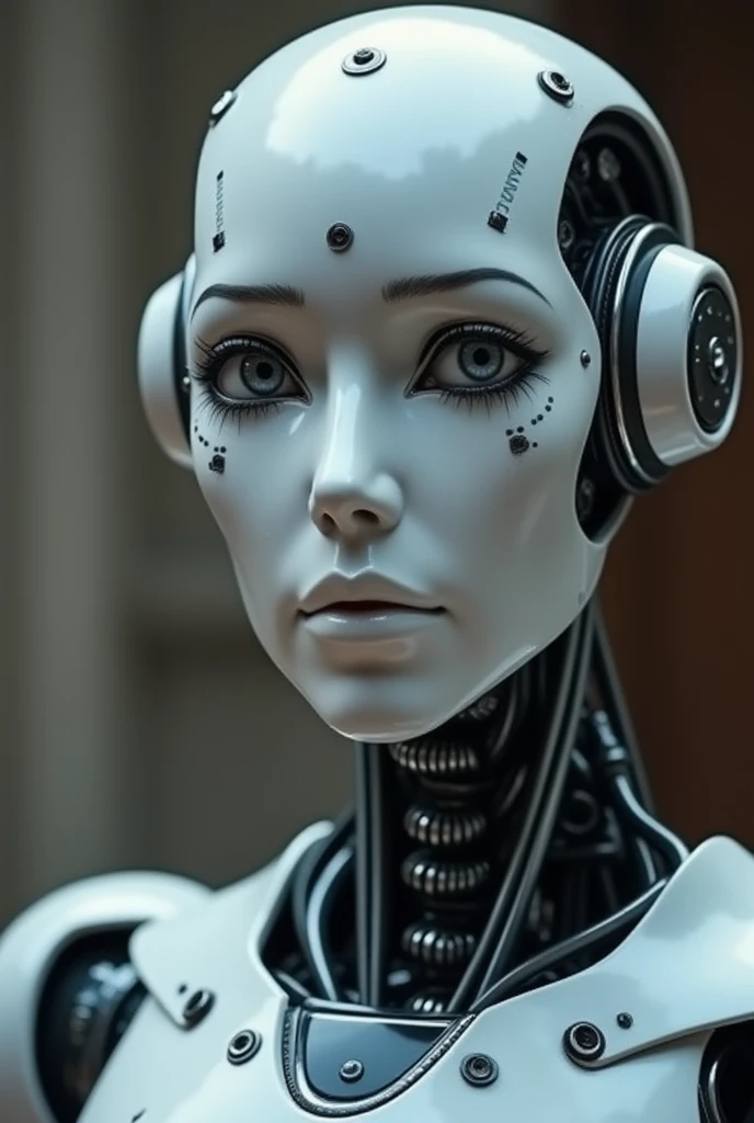 face of robot looking to the front to the camera, and doing himself a question