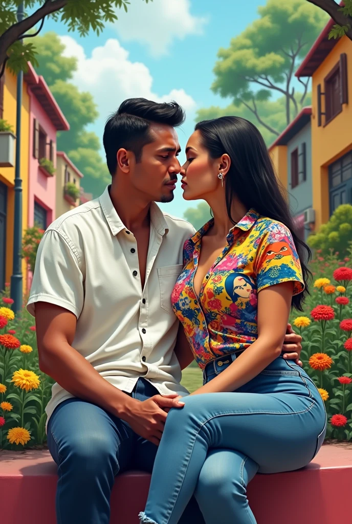 A Brazilian woman, 30years, slicked black hair, white, wearing a pop up print shirt with jeans, sitting in a flowery square with her husband, vestindo camiseta white, passionate personality