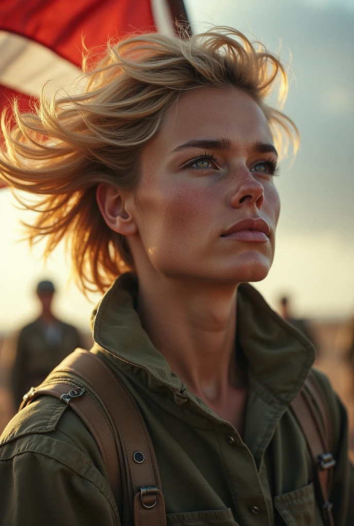best quality, masterpiece, upper body, a soldier rising a flag , blonde hair blown in the wind, shining eye, style, camo, ww2