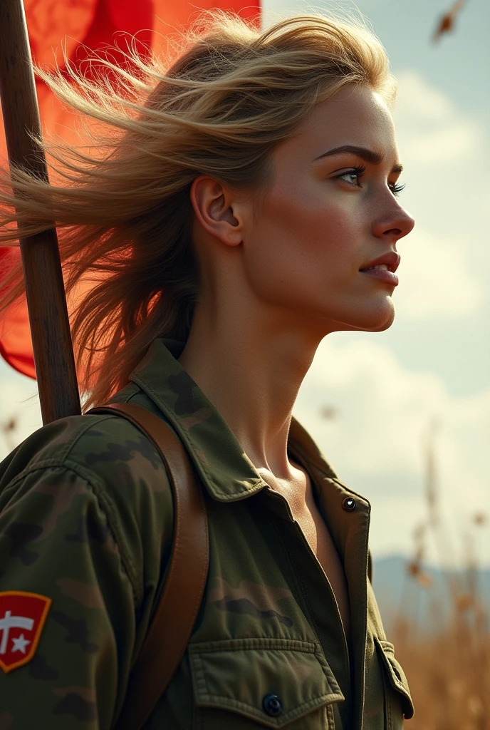 best quality, masterpiece, upper body, a soldier rising a flag , blonde hair blown in the wind, shining eye, style, camo, ww2