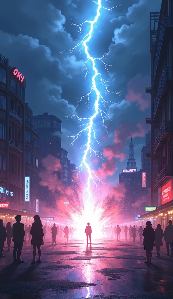 Imagine an anime scene set in a bustling city street at night, where the atmosphere is charged with energy. The sky is filled with dense, smoke-like clouds, and vibrant sunlight peeks through, casting an ethereal glow over the urban landscape. Suddenly, a glass lightning bolt, shimmering with iridescent colors, strikes a glass puddle on the street. The impact creates a dazzling explosion of light and color, with shards of glass-like reflections scattering in all directions. The scene captures the surreal beauty and intensity of the moment, with the city lights reflecting off the glass surfaces, adding to the magical and otherworldly atmosphere. The characters in the scene are caught in awe, their expressions illuminated by the radiant display, as the cityscape transforms into a kaleidoscope of light and shadow.