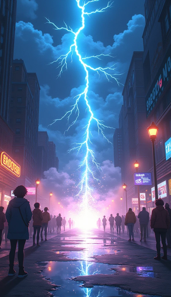 Imagine an anime scene set in a bustling city street at night, where the atmosphere is charged with energy. The sky is filled with dense, smoke-like clouds, and vibrant sunlight peeks through, casting an ethereal glow over the urban landscape. Suddenly, a glass lightning bolt, shimmering with iridescent colors, strikes a glass puddle on the street. The impact creates a dazzling explosion of light and color, with shards of glass-like reflections scattering in all directions. The scene captures the surreal beauty and intensity of the moment, with the city lights reflecting off the glass surfaces, adding to the magical and otherworldly atmosphere. The characters in the scene are caught in awe, their expressions illuminated by the radiant display, as the cityscape transforms into a kaleidoscope of light and shadow.