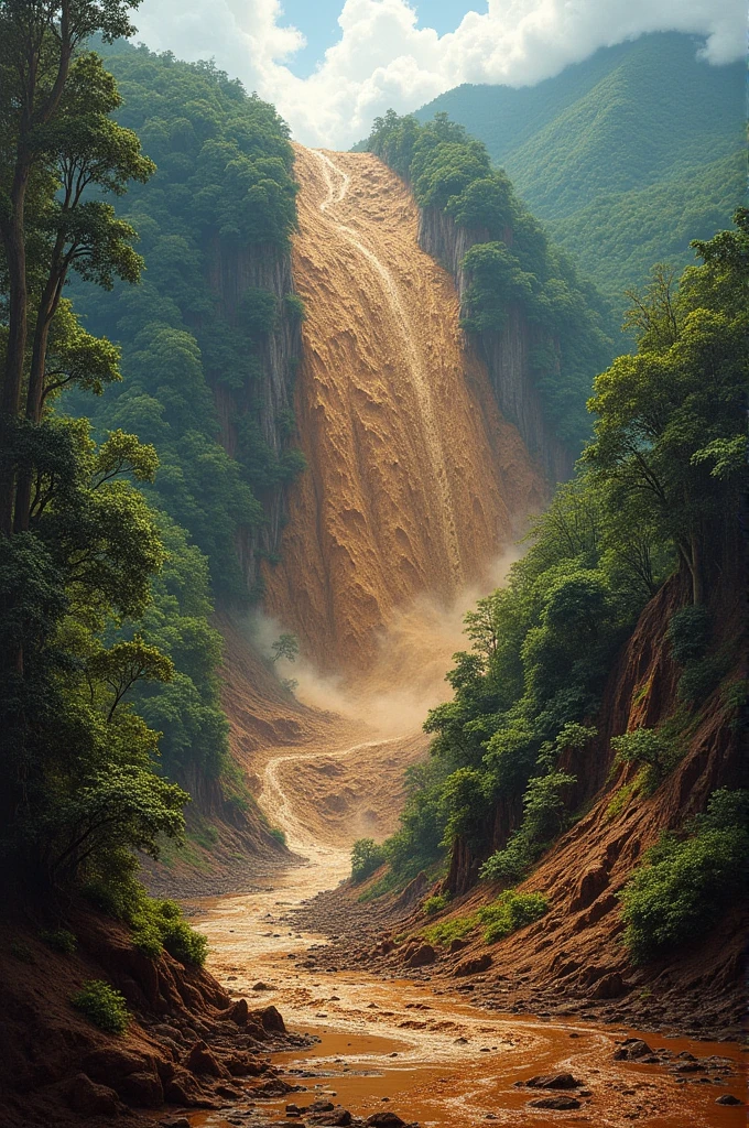 Create an AI-generated painting that captures the dramatic scene of the Wayanad landslide. The artwork should depict the moment of the landslide, showing the massive flow of earth and debris, the surrounding lush greenery of Wayanad, and the impact on nearby structures and landscape. Emphasize the contrast between the natural beauty of the area and the destructive force of the landslide."