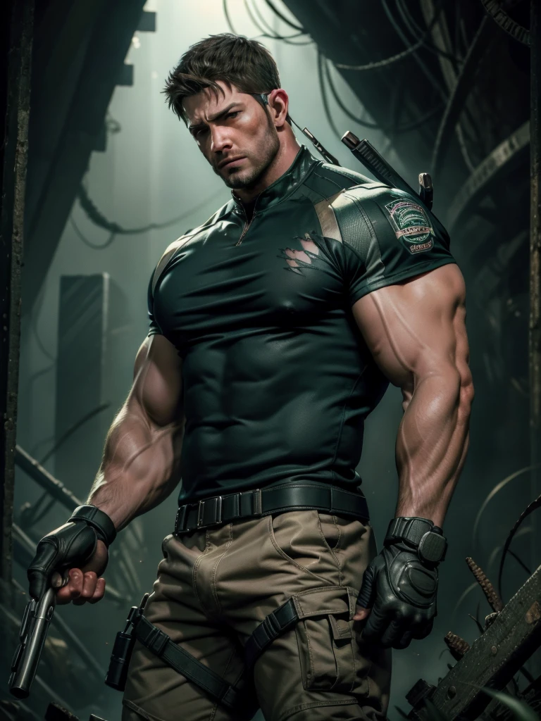 from below:1.1, masterpiece:1.2, high quality:1.2, low light, BREAK Chris Redfield, very Muscular and plump:0.2 body, having a thick body hair, sweat, masculine, handsome, mature, torn green taut shirt, torn trunks, fingerless glove, dark theme,