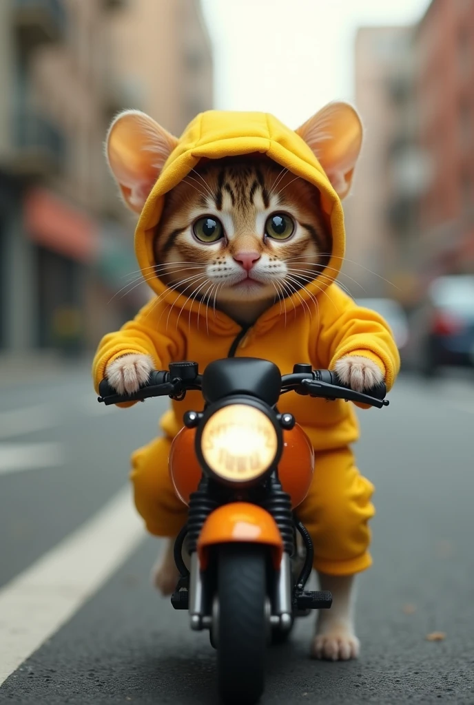 The smallest mouse in the world, A super mini kitten, This cat is a takeaway worker, has beautiful eyes, wearing a yellow takeaway costume, riding a motorcycle, road background, anthropomorphic, photo real, photo real, classic composition, masterpiece, exquisite, color correction, amazing visual effects, crazy details, intricate details, sharp focus, HD, 32k,