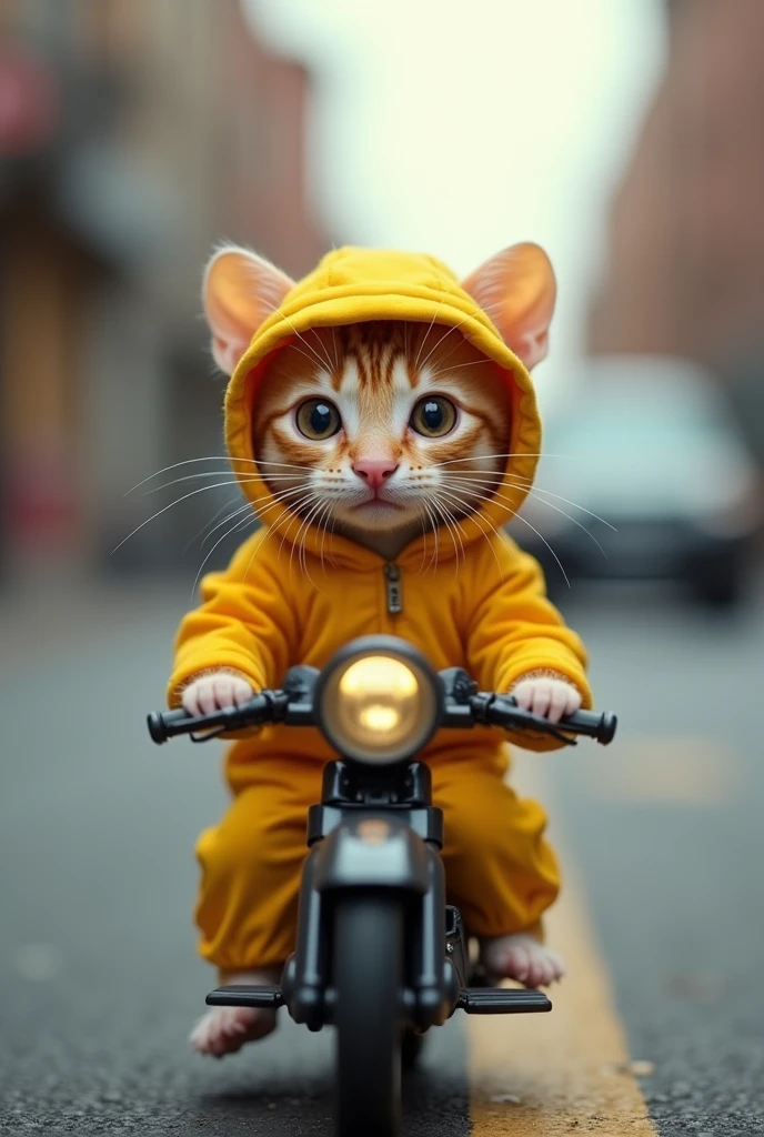 The smallest mouse in the world, A super mini kitten, This cat is a takeaway worker, has beautiful eyes, wearing a yellow takeaway costume, riding a motorcycle, road background, anthropomorphic, photo real, photo real, classic composition, masterpiece, exquisite, color correction, amazing visual effects, crazy details, intricate details, sharp focus, HD, 32k,
