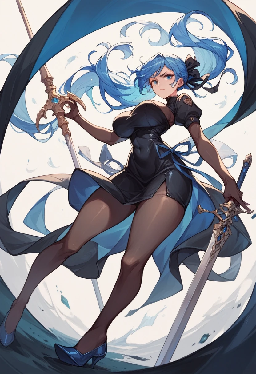 score_9, score_8_up, score_7_up, score_6_up, uncensored, SOFIABULGA, white hair, multicolored hair, short hair, yellow eyes, veins, two-tone hair, red hair, streaked hair, HAIR OVER ONE EYE, BREAK Anime Style, Manga Style, Hand drawn, cinematic, Sharp focus, humorous illustration, big depth of field, Masterpiece, concept art, trending on artstation, Vivid colors, Simplified style, trending on ArtStation, trending on CGSociety, Intricate, Vibrant colors, Soft Shading, Simplistic Features, Sharp Angles, Playful, excessive sweating, sweating profusely, sweating drop BREAK, 1girl, breasts, solo, collared shirt, long sleeves, black ribbon, neck ribbon, vertical-striped shirt, black corset, dark red skirt, pleated skirt, frilled skirt, full_body, weapon, standing, jewelry, large_breasts, high_heels, toes, looking_at_viewer,