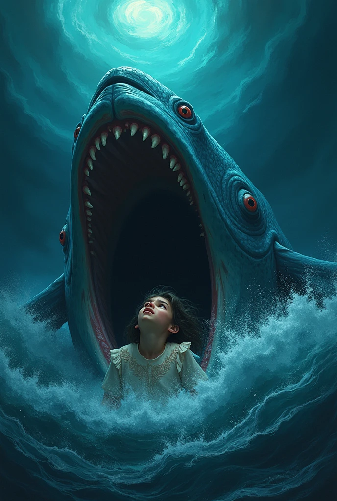 The great fish, inspired by the biblical narrative in the Book of Jonah. Capture girl's distressed expression as he is engulfed by the immense mouth of the fish, with wide eyes filled with fear and wonder. The surrounding ocean is tumultuous, with crashing waves and dark, swirling waters illuminated by eerie, dim lighting that creates a dramatic contrast against the bright, swirling colors of the fish. The atmosphere should feel heavy with suspense and a sense of foreboding, while also hinting at the glimmer of hope as light breaks through the tumultuous sea above. 