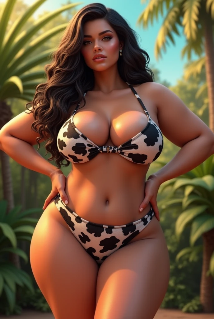 MILF, MEXICAN, BBW, photo vintage, visage feminin parfait,  cheveux LONG NOIRS , tache de rousseur, 1974, big huge breasts : 38H, front VIEW, ( LEOPARD BIKINI,  V-NECK, BIG CLEAVAGE,  BEAUTIFUL EYES, BEAUTIFUL HANDS, LIGHT SMILES,  PERFECT FACE,, tres long décolleté, JUNGLE BACKGROUND