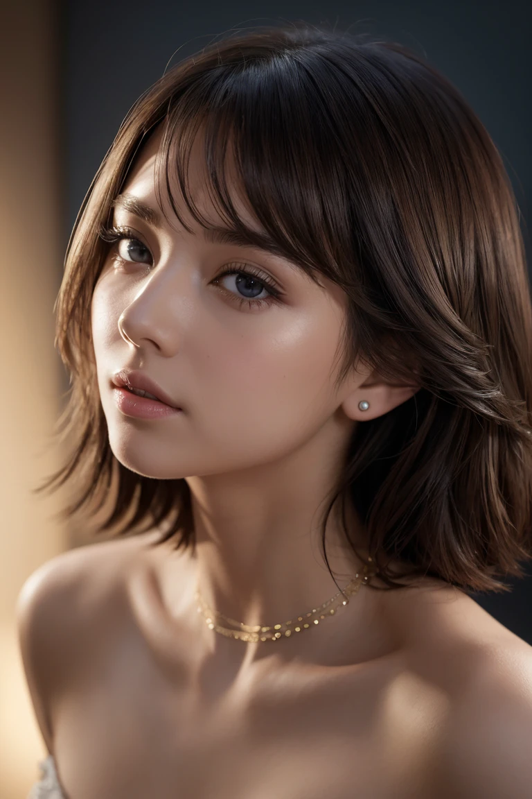 masterpiece, best quality, (extremely detailed CG unity 8k wallpaper, masterpiece, best quality, ultra-detailed, best shadow), (detailed background), (beautiful detailed face, beautiful detailed eyes), High contrast, Realistic woman, frecles, (best illumination, an extremely delicate and beautiful), short hair, hair ornament, accessories, piercing, intricate background, colorful light_particles, space, dark background,  
