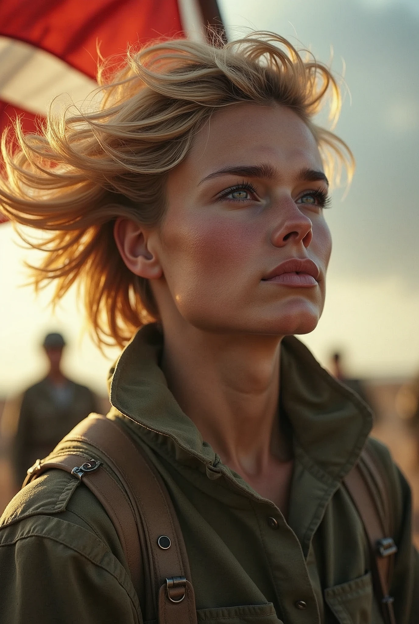 best quality, masterpiece, upper body, a soldier rising a flag , blonde hair blown in the wind, shining eye, style, camo, ww2