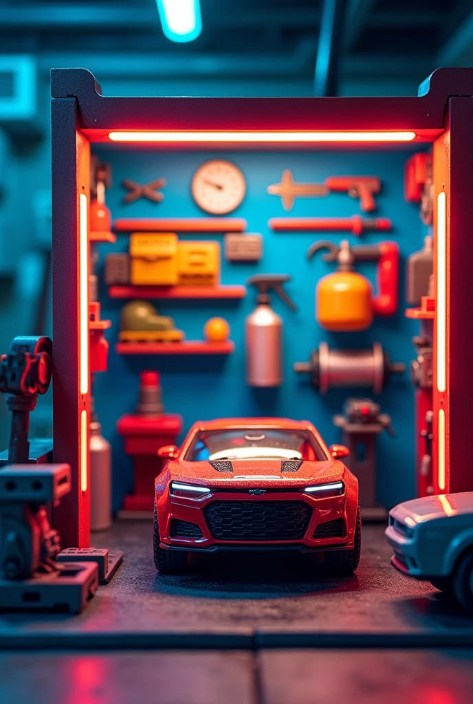  All items in a square display box create a detailed car wash toy industrial style  wall spray paint  vibrant contrasting colors detailed tools garage accessories cool lighting effects no car  location  cool indoor environment  plastic texture  toy mechanical style futuristic feel  (repeated) industrial style