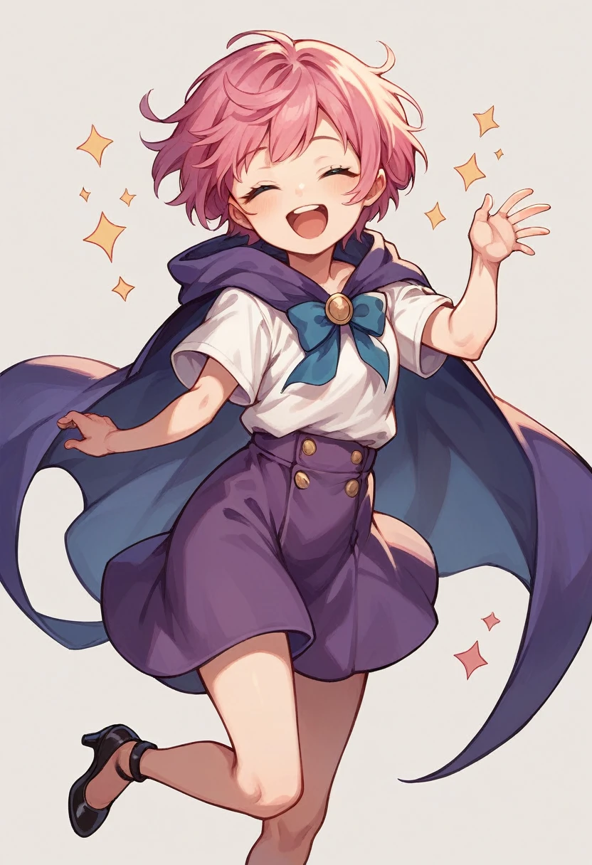 cute young girl with short pink hair, blue eyes, white shirt, purple cape, purple skirt, black heels, happy, with a hand on her belly, closed eyes,