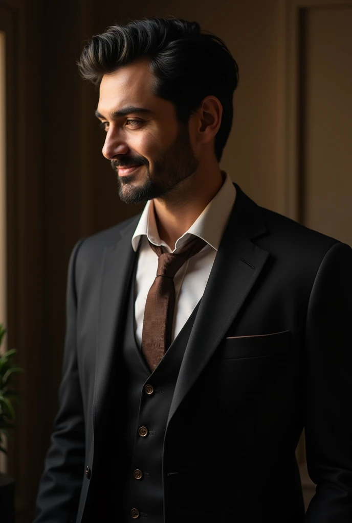 "A well-groomed boy in his late 20s with thick, wavy black hair styled neatly. He is wearing a dark, formal suit paired with a white dress shirt and a brown tie. giving him a mature and sophisticated look. The man is captured in a side profile, looking slightly down with a subtle, confident smile on his face. The setting is dimly lit, highlighting his features and creating a warm, introspective mood. He is natural. He should be look like realistic one. He is turkish and "looking down totally"