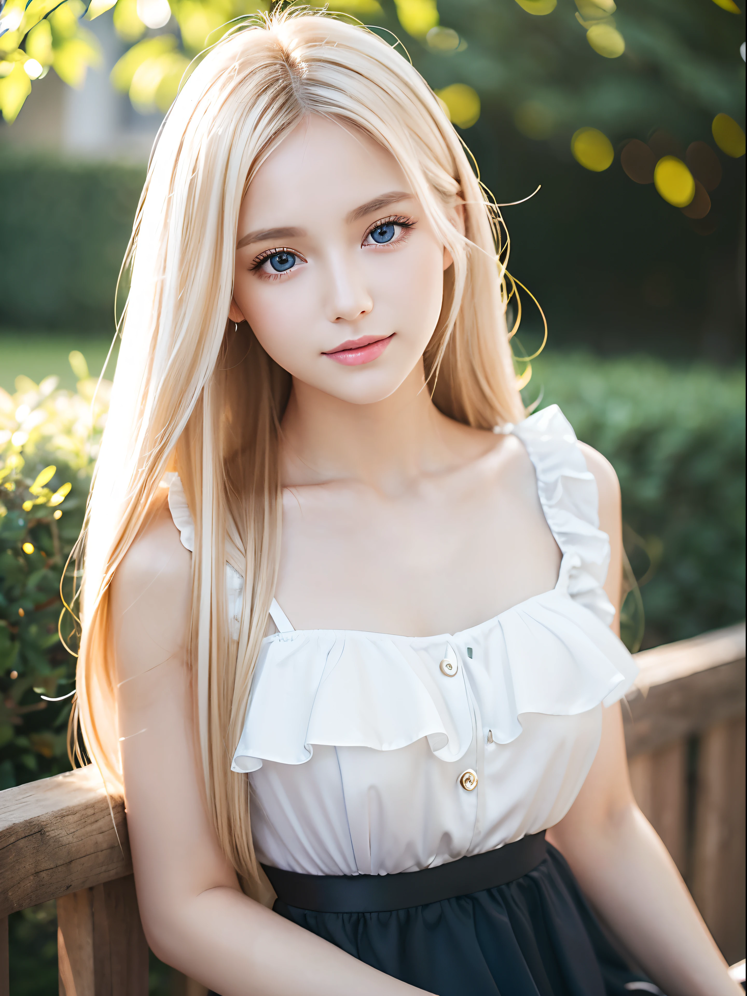 In 8K,Highest quality,The real picture,Intricate details,Ultra-high resolution,Depth Field,Masseter muscle area,Natural soft light,Professional Lighting,One Girl,(cute:1.2),、Pretty face、White Elegance、(Black dress with ruffles)、 Skirt inflated with panniers、Bright expression、Younger, brighter, whiter skin、Gloss Face、Cheek gloss、Best Looks、The ultimate beauty、The most beautiful sparkling blonde hair in the world、Shiny bright hair、Super long, silky straight hair、Long blonde hair hangs down to the eyes、Large, bright, transparent, pale blue eyes、とても美しくて愛らしくてcute17歳の少女、Small Face Beauty、Ample breasts,(Cowboy Shot)