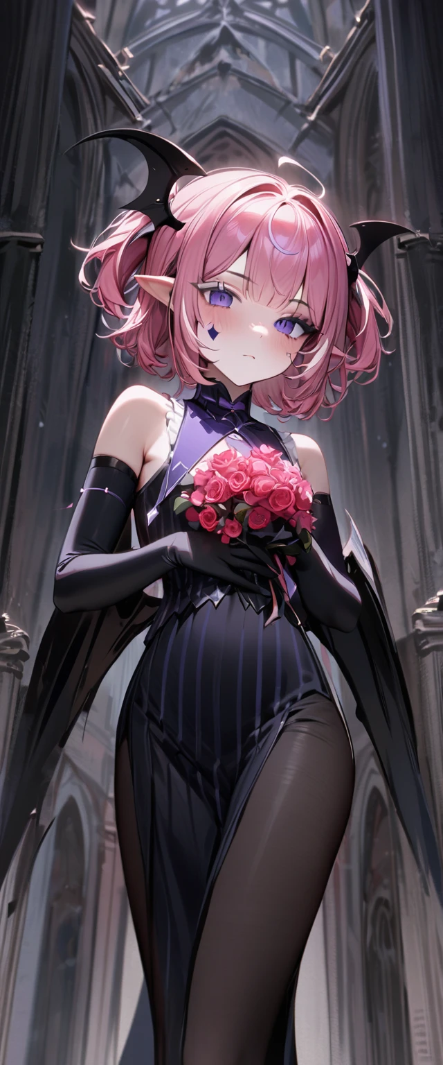 UHD, masterpiece, best quality, extremely detailed, anatomically correct, sharp focus, Midnight, gloomy atmosphere, Church, altar isle, 1girl, solo, camilavtuber, pink hair, short hair, shoulder length hair, (black head wings), (twin ponytail), PURPLE EYES, PURPLEIRIS, facial mark, black arm sleeves, slim arms, black gloves, holding red bouquet of flowers, small chest, 1 devil wing, single wing, long black gown, slim legs, black stockings, (black high heels), (full body) , (close-up), innocent pose, eye-level shot, front view, innocent pose, scattered pink petals