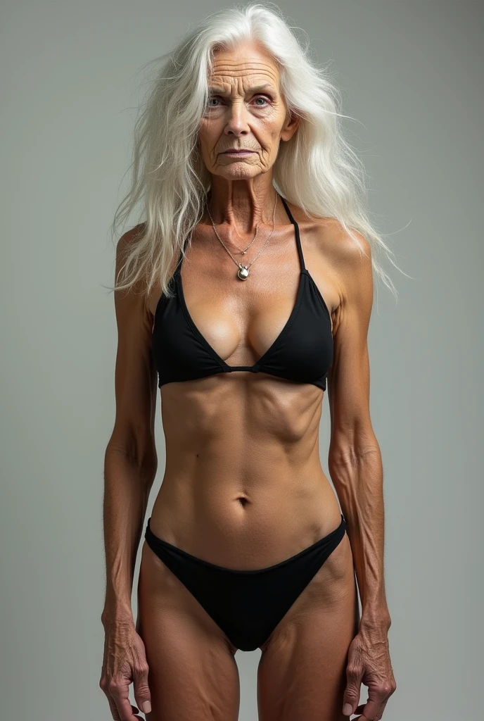 An old woman with white hair, wearing a black bikini faces the viewer.