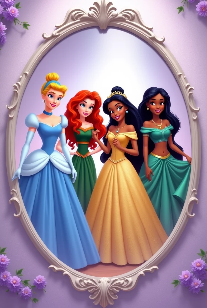 In the picture, Cinderella, Merida, Moana, Belle, and Tiana are elegantly posed together in front of a floral oval mirror, its frame a delicate white adorned with soft lavender accents. The mirror’s reflection captures their enchanting presence: Cinderella in her graceful blue gown, Merida with her fiery curls and forest green dress, Moana in her vibrant island attire, Belle in her shimmering gold ball gown, and Tiana in her refined green dress. The lavender touches around the mirror frame add a gentle, dreamy quality to the scene, enhancing the magical ambiance surrounding these beloved characters.