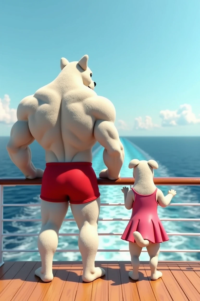 A surreal and comical scene on a cruise ship deck. Two anthropomorphic white dogs stand at the railing, looking out at the ocean. The larger dog on the left has an extremely muscular back and arms, wearing red swim shorts. Its massive muscles are exaggerated, creating a bodybuilder-like physique. The smaller dog on the right is wearing a pink dress and appears to be standing on its hind legs, leaning slightly on the railing.
The view is from behind the dogs, emphasizing the contrast in their sizes and builds. The muscular dog's back muscles and arms are prominently displayed. The smaller dog's tail is visible beneath its dress.
The ship's railing is visible, painted in a reddish-brown color. Beyond the railing, the ocean stretches to the horizon, with the ship's wake visible in the water. The sky is a clear, light blue.
The deck of the ship can be seen at the bottom of the image, made of wooden planks.
The image maintains a 3D animated style with a mix of realistic textures for the dogs' fur and stylized, exaggerated proportions. The lighting is bright and natural, creating a sunny, vacation-like atmosphere.
Style: 3D animation, photorealistic textures with stylized proportions
Mood: Whimsical, humorous, sunny
View: From behind, focusing on the dogs' backs as they look out to sea"