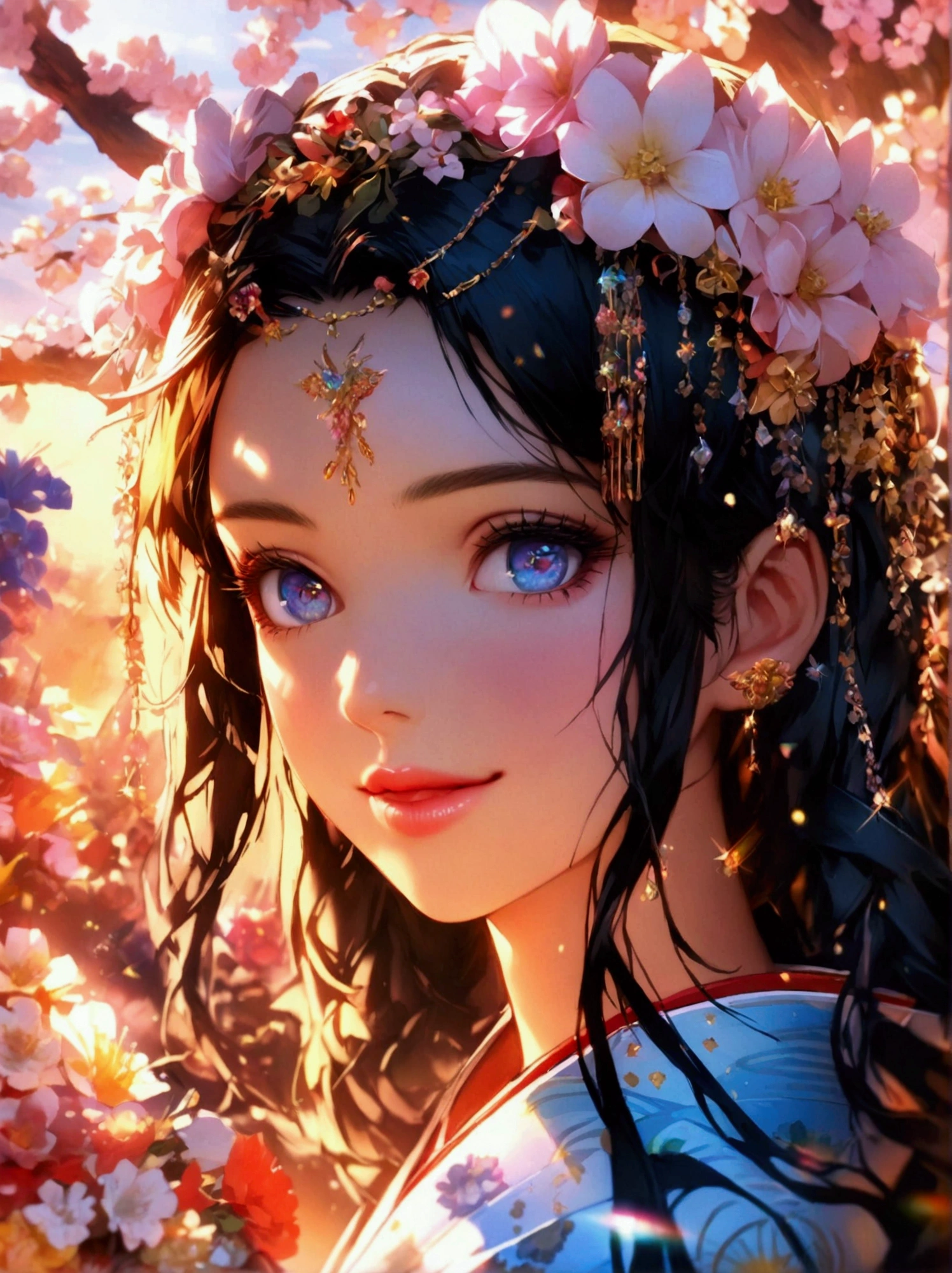 a beautiful anime woman, hyper detailed digital art, 4k resolution, 1 girl, detailed anime face, beautiful eyes, detailed nose and lips, long eyelashes, long hair, flower crown, ornate flower kimono, radiant smile, Nezuko character, glitter jewelry, beautiful fantasy landscape background, diffused lighting, fiery bright colors