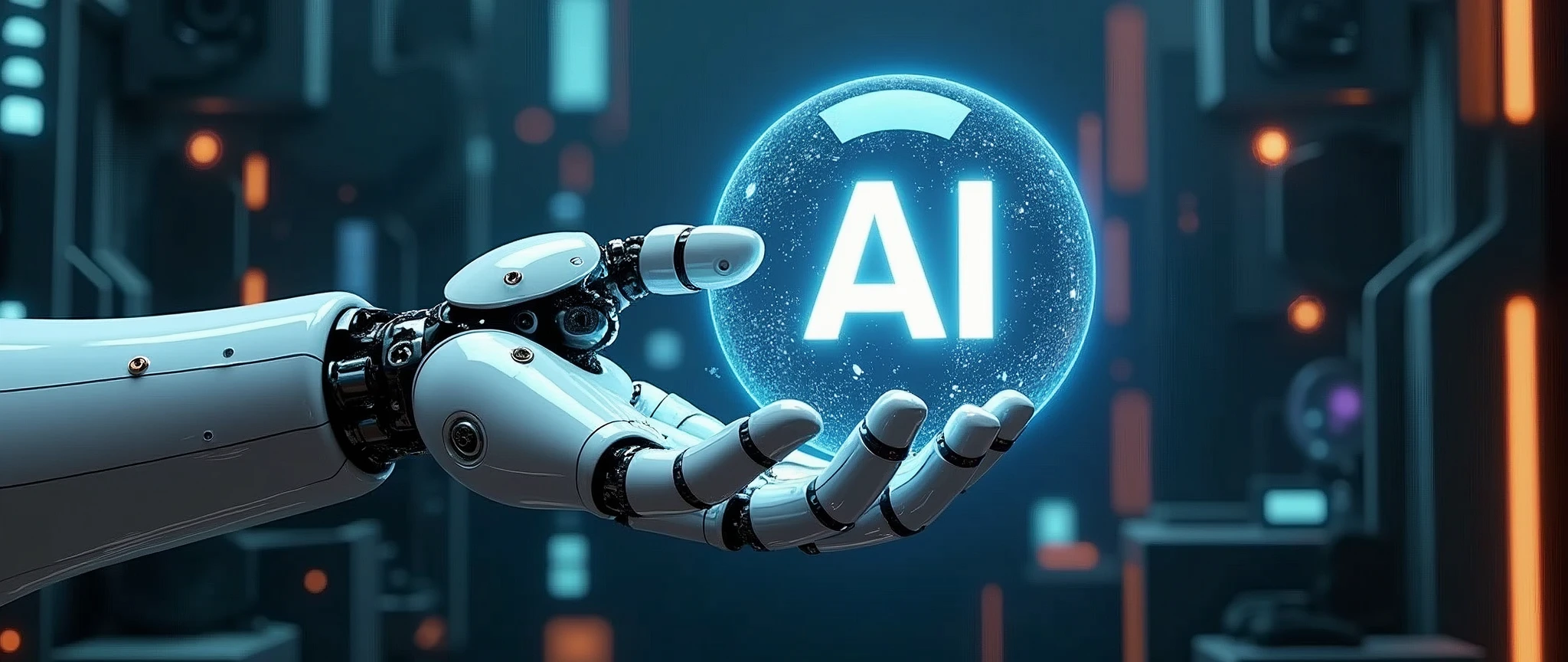 Robotic hand reaching out to touch a glowing energy ball with the text "AI" inscribed on its surface, set against a futuristic background with high-tech elements, showcasing a dynamic and electrifying interaction, the scene exudes a sense of advanced technology and innovation, with the energy ball emitting a bright, pulsing light that highlights the robot’s metallic surface and casts dramatic reflections