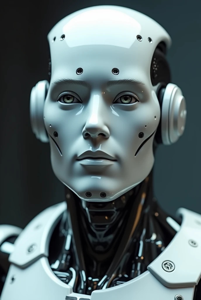 face of man robot looking to the front to the camera, and doing himself a question