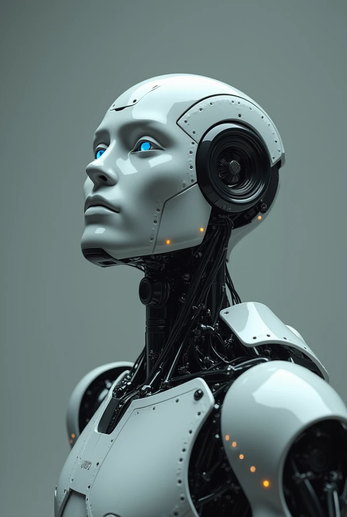 face of man robot looking to the front to the camera, and doing himself a question