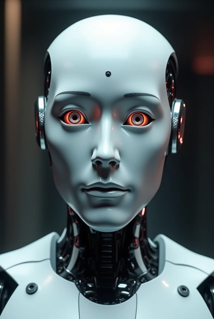 face of man robot looking to the front to the camera, and doing himself a question