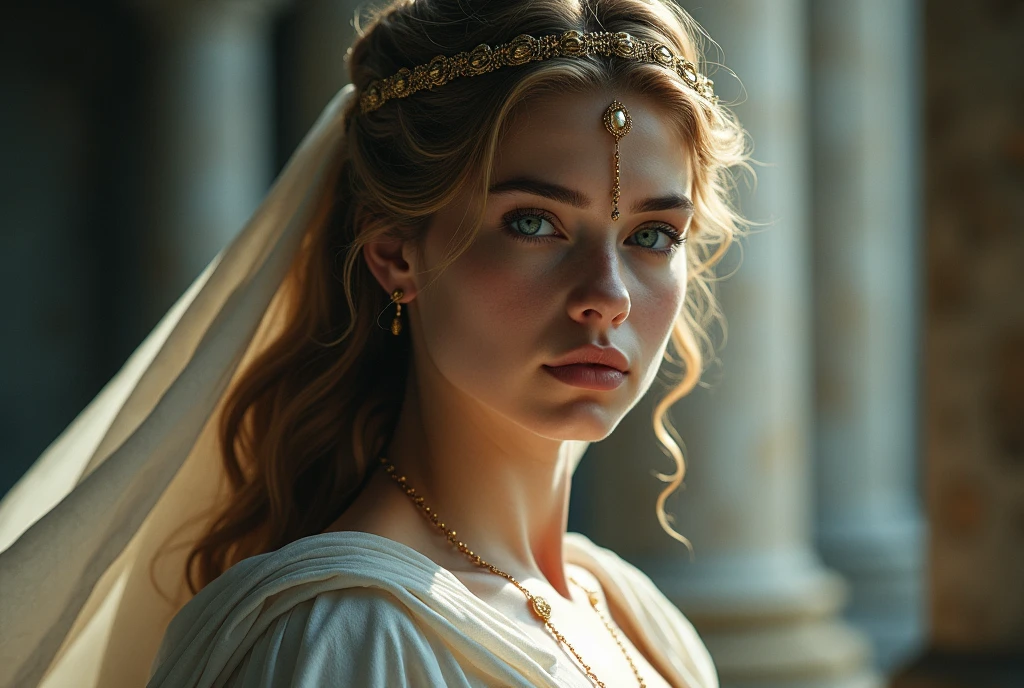 A breathtakingly beautiful goddess with luminescent eyes, in an epic yet realistic fantasy style. Elegant Greek or Roman-inspired robes and drapery, with dramatic lighting that accentuates the goddess's striking features and ethereal presence. Photorealistic, highly detailed, cinematic lighting, intricate fabric textures, and an overall sense of grandeur and divine power