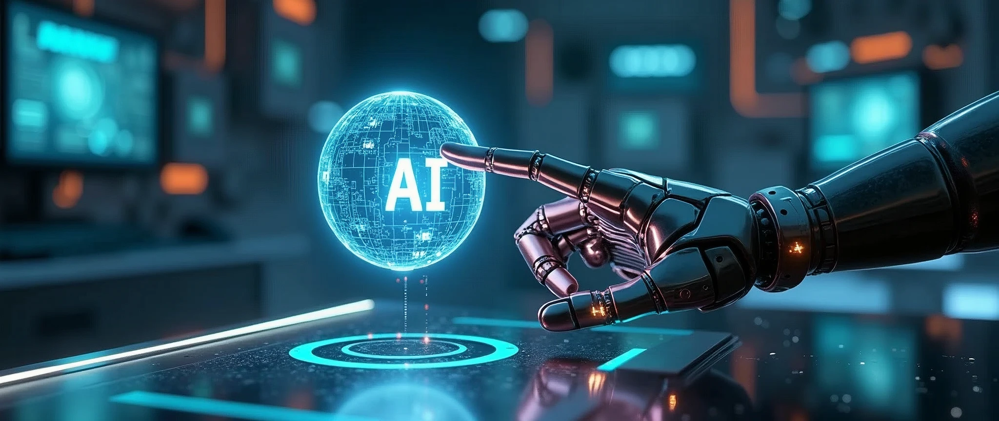 Robotic hand reaching out to touch a glowing energy ball with the text "AI" inscribed on its surface, set against a futuristic background with high-tech elements, showcasing a dynamic and electrifying interaction, the scene exudes a sense of advanced technology and innovation, with the energy ball emitting a bright, pulsing light that highlights the robot’s metallic surface and casts dramatic reflections