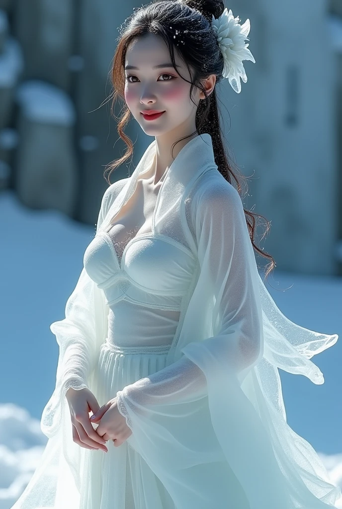 (ice - carving:1.4),Movie Angle,(Fan Bingbing,  ice sculpture girl,Anatomically correct,full bodyesbian,Masterpiece ice sculpture camellia,Representative work Hanfu,Smile,sexy,full body arts,traditional arts) sexy body,erotic nude
