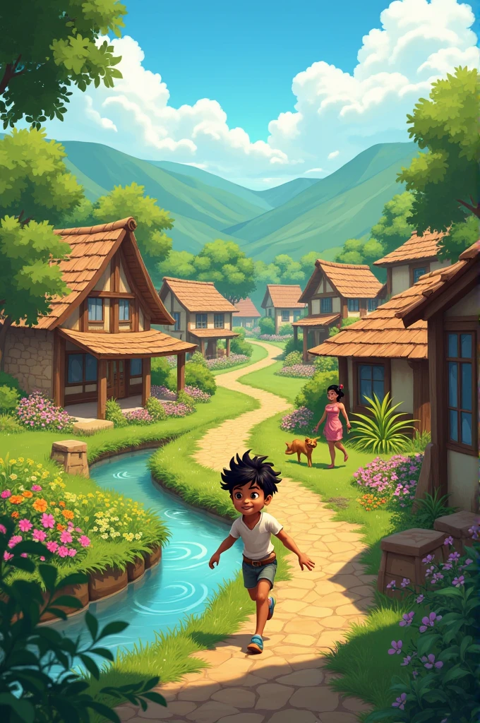 Small Village Setting: Describe a small, peaceful village where a mischievous but kind-hearted boy named Raju lives.