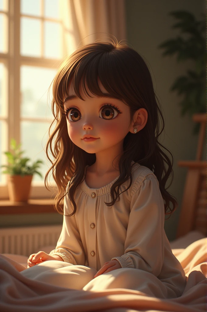 (photorealism:1.2), beautiful girl âge 4 ans , sitting on bed, wearing loose off-shoulder top, pajama pants, long curly hair, indoors, soft lighting, plants in background, window with sunlight, cozy room, relaxed pose, realistic, intricate details, warm colors, by Greg Rutkowski, by Alphonse Mucha