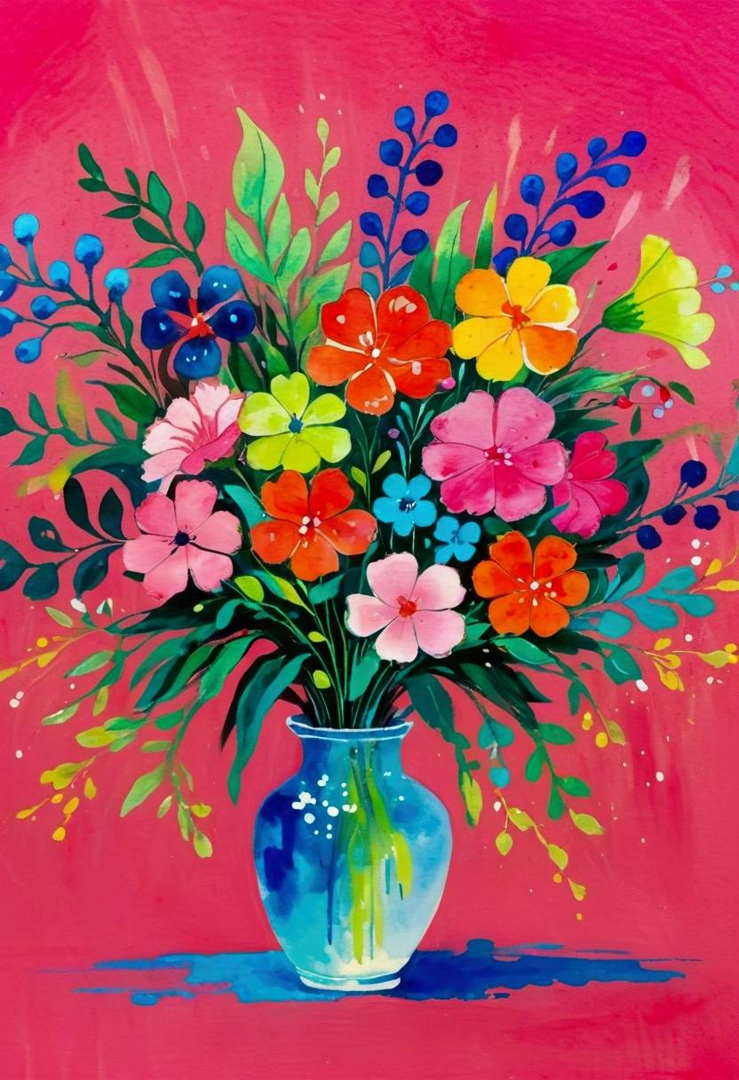 A bouquet of flowers with a pink background, Inspired by Ting Xiongquan, fun Vibrant Watercolors, Vibrant Watercolors painting, by Walasse Ting, Vibrant neon ink painting, Vibrant Watercolors, author：Li Keran, Vibrant gouache landscape, Flower splash painting, vibrant art, Surreal Waizi Flowers, Colorful flowers, Magic colorful flowers, Colorful flowers