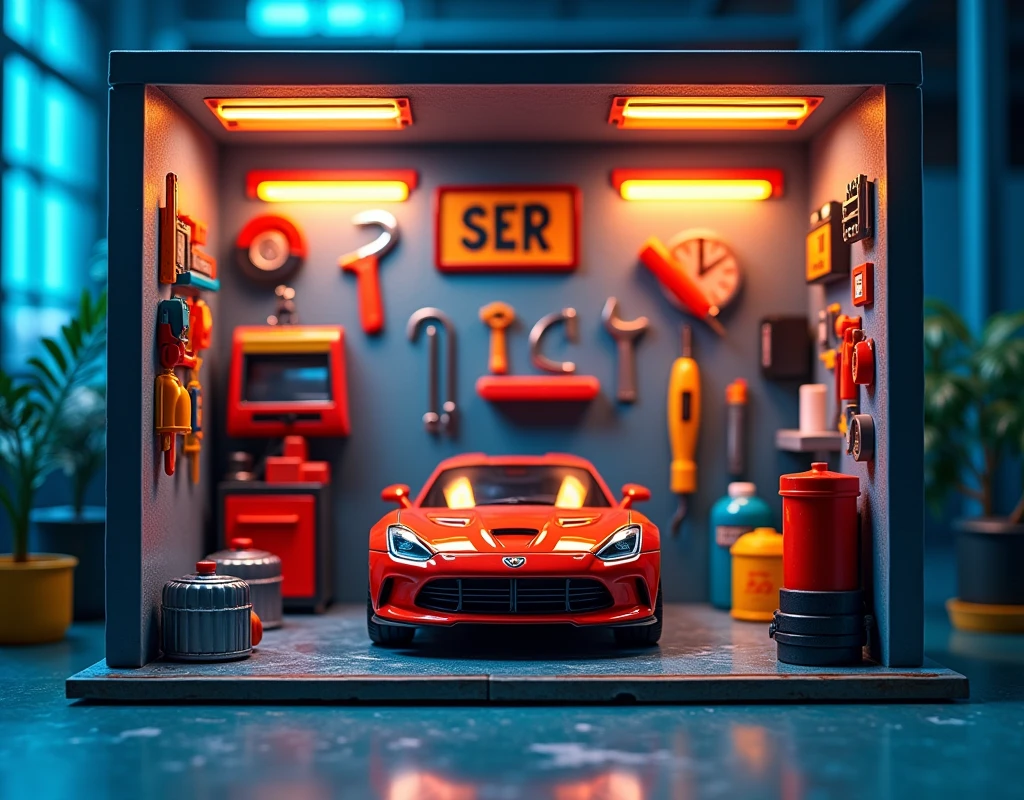 All items in a square display box create a detailed car wash toy industrial style wall spray paint vibrant contrasting colors detailed tools garage accessories cool lighting effects no car location cool indoor environment plastic texture toy mechanical style futuristic feel (repeated) industrial style
