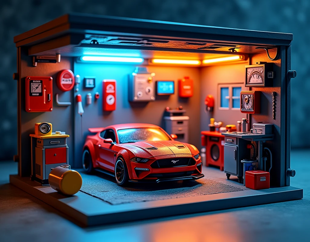All items in a square display box create a detailed car wash toy industrial style wall spray paint vibrant contrasting colors detailed tools garage accessories cool lighting effects no car location cool indoor environment plastic texture toy mechanical style futuristic feel (repeated) industrial style