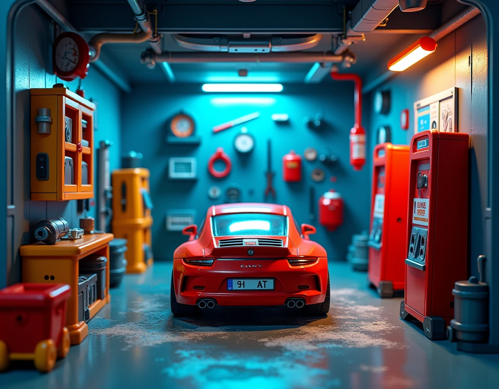 All items in a square display box create a detailed car wash toy industrial style wall spray paint vibrant contrasting colors detailed tools garage accessories cool lighting effects no car location cool indoor environment plastic texture toy mechanical style futuristic feel (repeated) industrial style